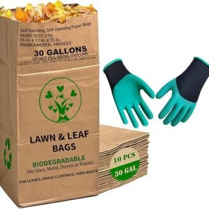 10 Count 30 Gallon Lawn and Leaf Bags with Gardening Gloves, 2-Ply Heavy Duty Large Kraft Paper Bags | Tear Resistant Yard Waste Bag for Grass Clippings, Wet and Dry Leaves,...