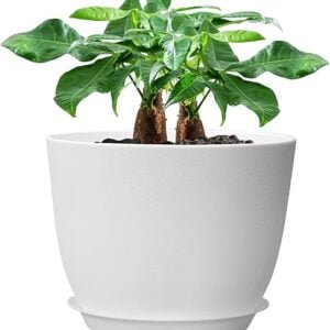 12inch Large Plant Pot, Modern Plastic Planter with High Driange Holes and Saucer for Indoor Outdoor Garden Plants and Flowers, White