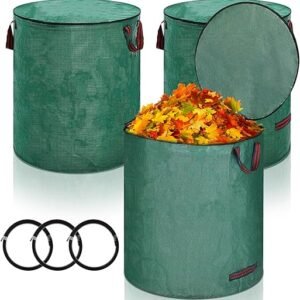 3 Pack Reusable Yard Waste Bags with Lid, 72 Gallon Heavy Duty Lawn Leaf Bags with 4 Handles Garden Waste Bags Container for Garden Leaves and Waste Collection