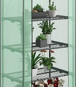 4 Tier Mini Greenhouse Indoor Outdoor with PE Cover and Roll-Up Zipper Door, Portable Waterproof Cloth Greenhouse Tent Grow Seeds & Seedlings, 2.3x1.5x5.3 FT