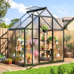 4x6 FT Greenhouse for Outdoors, Polycarbonate Greenhouse with Quick Setup Structure and Roof Vent, Aluminum Large Walk-in Greenhouse for Outside Garden Backyard, Black