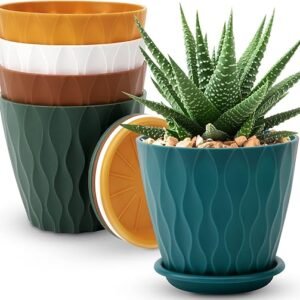 6 inch Plant Pots, 5 Pack Flower Pots Outdoor Indoor, Planters with Drainage Hole and Tray Saucer.