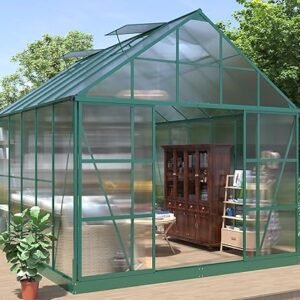 AMERLIFE 12x10x10 FT Polycarbonate Greenhouse with 2 Sliding Doors 4 Vents Window Walk-in Large Aluminum Greenhouse Premium Professional hot House for Outdoors, Green