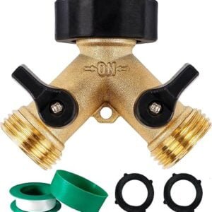 Biswing Garden Hose Splitter 2 Way, Heavy Duty Brass Connector Tap Splitter, Y Splitter 2 Valves with 2 Extra Rubber Washers