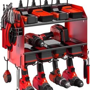 CCCEI Modular Power Tool Organizer Wall Mount with Charging Station. Garage 4 Drill Storage Shelf with Hooks, Screwdriver, Drill Bit Heavy Duty Rack, Tool Battery Holder Built...