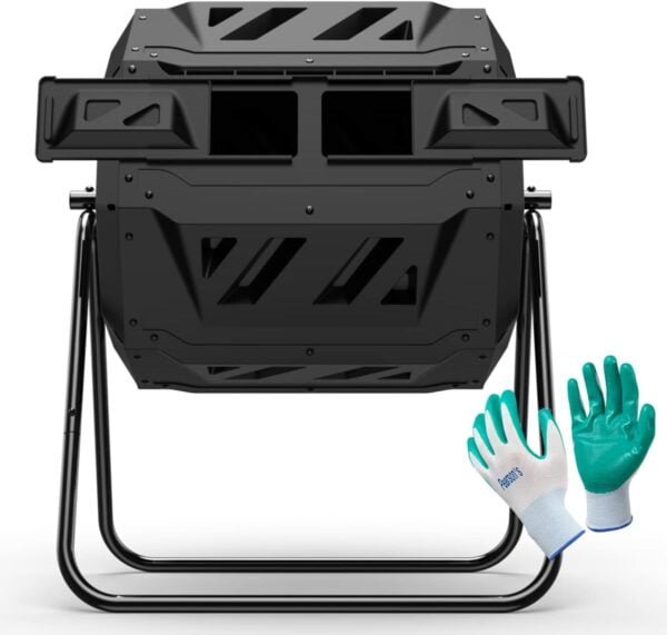 Compost Tumbler Bin Composter Dual Chamber 43 Gallon (Bundled with Pearson's Gardening Gloves)