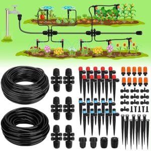 Drip Irrigation System, Garden Watering System with Adjustable Drip Emitters Misting Sprinkler, Efficient Sprinkler System Kit for Flower Bed, Raised Bed, Greenhouse, Lawn