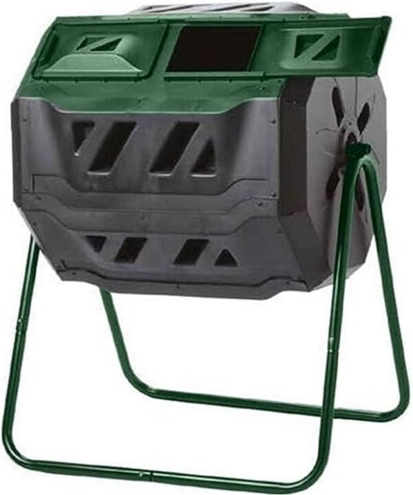 Exaco Trading Company Exaco Mr.Spin Compost Tumbler - 160 Liters / 43 Gallon, Dual Chamber Composter On Two-Leg Stand,Green/Black