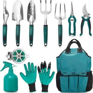 FiveJoy Garden Tool Set, 11 Piece Aluminum Alloy Hand Tool Starter Kit with Garden Bag, Outdoor Tool, Heavy Duty Gardening Work Set with Ergonomic Handle, Gardening Tools