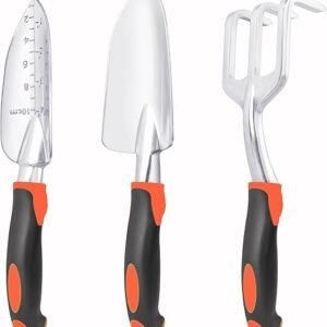 Garden Tools Set, 3 Pack Heavy Duty Gardening Tools Set Include Garden Shovel, Transplant Trowel and Hand Rake with Ergonomic Handle, Aluminum Alloy Lawn for Planting, Orange