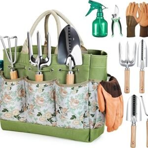 Gardening Tools 9-Piece Heavy Duty Gardening Hand Tools with Fashion and Durable Garden Tools Organizer Handbag,Rust-Proof Garden Tool Set, Ideal Gardening Gifts for Women