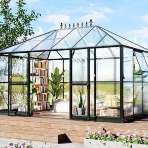 HOWE 14x9.5x9 FT Polycarbonate Greenhouse with 2 Vents and Double Swing Doors 6FT Added Wall Height, Walk-in Large Winter Greenhouse Sunroom Aluminum Greenhouse for Outdoors, Black