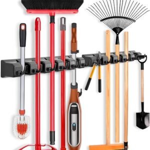 IMILLET 2 Pack Mop and Broom Holder, Wall Mounted Organizer Mop and Broom Storage Tool Rack with 5 Ball Slots and 6 Hooks (Black)