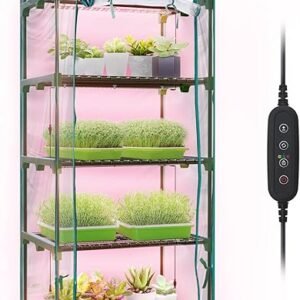 Indoor Greenhouse with Grow Lights, 4 Tier 27.2" L×19.9" W×61.8" H Mini Greenhouse with Zippered PVC Cover for Seed Starting Trays, Dimmable 2FT 60W Plant Light for Indoor...