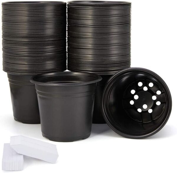 JERIA 100-Pack 0.5 Gallon Plant Nursery Pots, Plastic Pots for Flower Seedling, Flower Plant Container Seed Starting Pot, Come with 100 Pcs Plant Labels(Black)