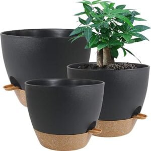 Large Self Watering Pots, 12/10/9 Plastic Planters with High Drainage Holes and Deep Reservoir for Indoor Outdoor Garden Plants and Flowers, Black with Brown