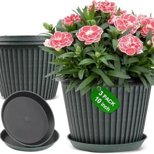 Planter-Pots-for-Plants-Indoor-Outdoor, 3 Pack 10 Inch Plastic Flower Pots with Saucer & Drainage Holes, Modern Garden Planters for Planting Medium Large Plants，Decorative Resin...