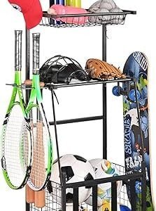 PLKOW Sports Equipment Storage for Garage, Indoor/Outdoor Sports Rack for Garage, Ball Storage Garage Organizer with Basket and Hooks,Toy/Sports Gear Storage