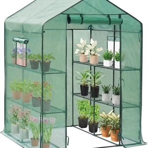 Walk-in Greenhouse for Outdoors, High-density PE Plant Cover with 2 Tiers of 8 Shelves, 4.5x4.5x6.5ft, Perfect for Plant Growing, 4 Ropes and Stakes Included