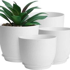 Whonline Plastic Plant Pots, 4 Pack 10/9/8/6 Inch Large Planters White Flower Pots for Indoor Outdoor Plants with Drainage Hole and Tray, Modern Decorative Pots for Home Garden