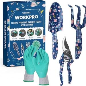 WORKPRO Aluminum Garden Tool Set, 4PCS Heavy Duty Hand Garden Tools with Box Include Trowel, Rake, Pruner, Garden Gloves, Floral and Insect Printing, Garden Gifts