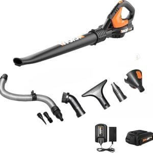 Worx 20V Cordless Leaf Blower WG545.1, Up to 120 MPH Air Speed, Long Nozzle Design for Narrow Spaces, Ideal for Indoor and Outdoor Cleaning, 9X Cleaning Attachments, Battery and...