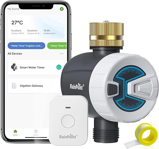 RAINPOINT WiFi Sprinkler Timer Water Timer, Brass Inlet Smart Hose Faucet Timer, Automatic Irrigation System Controller for Yard Watering, APP Control via 2.4Ghz WiFi and Bluetooth (V2, 2024 Release)